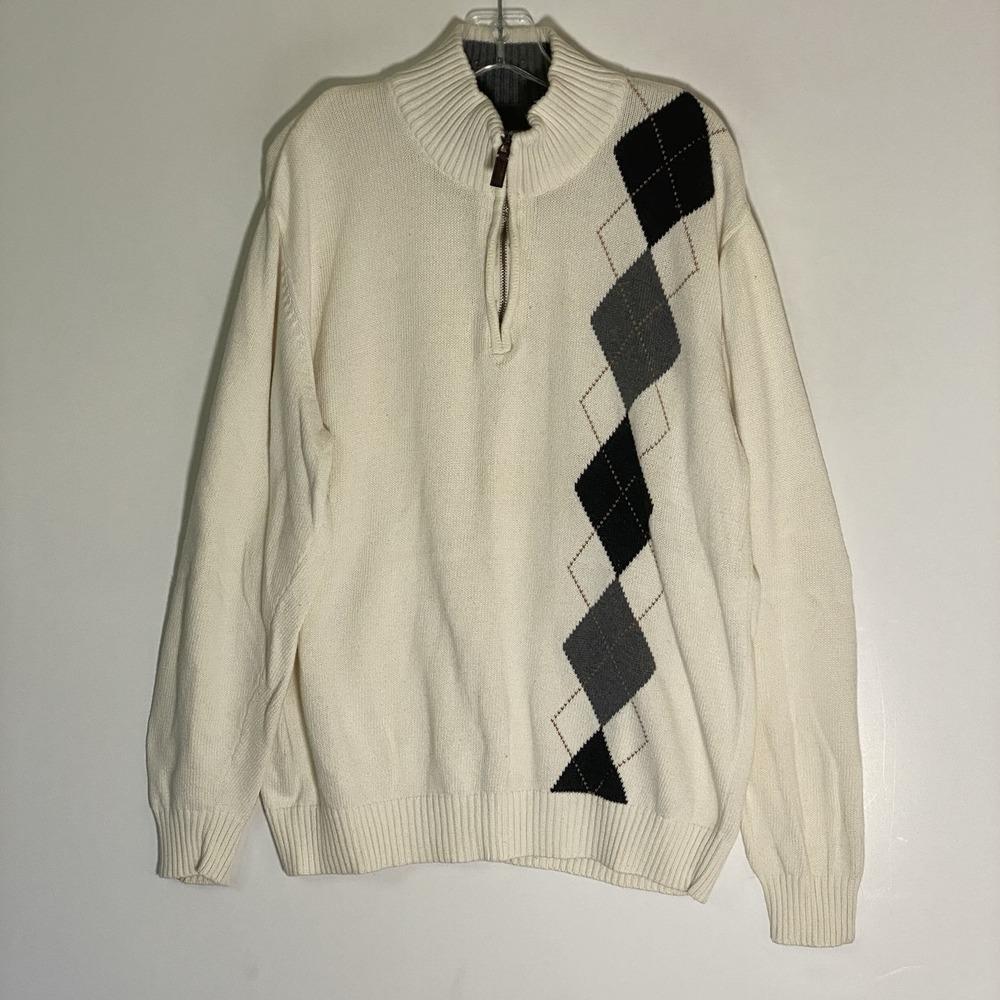 Oscar De La Renta Sweater Mens XL‎ White Argyle Tight Knit Quarter Zip Preppy